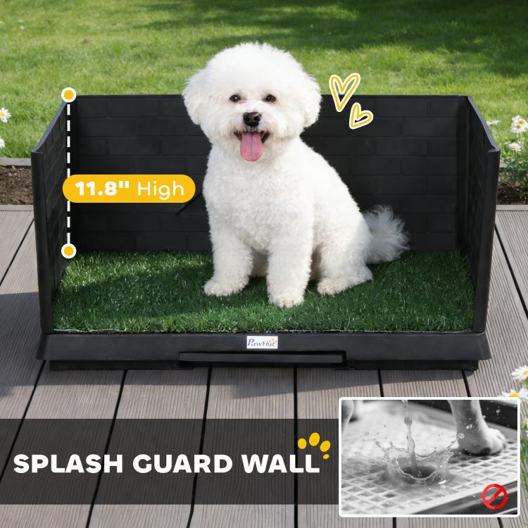 High-wall dog potty grass pad with removable tray, shown with seated small dog