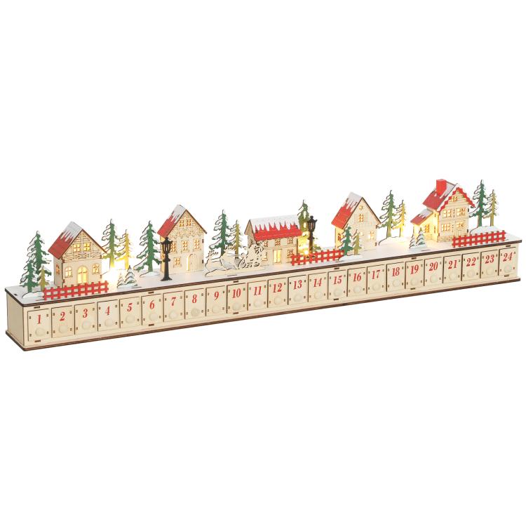 Wood-effect Christmas advent calendar with 24 numbered drawers and lit village houses