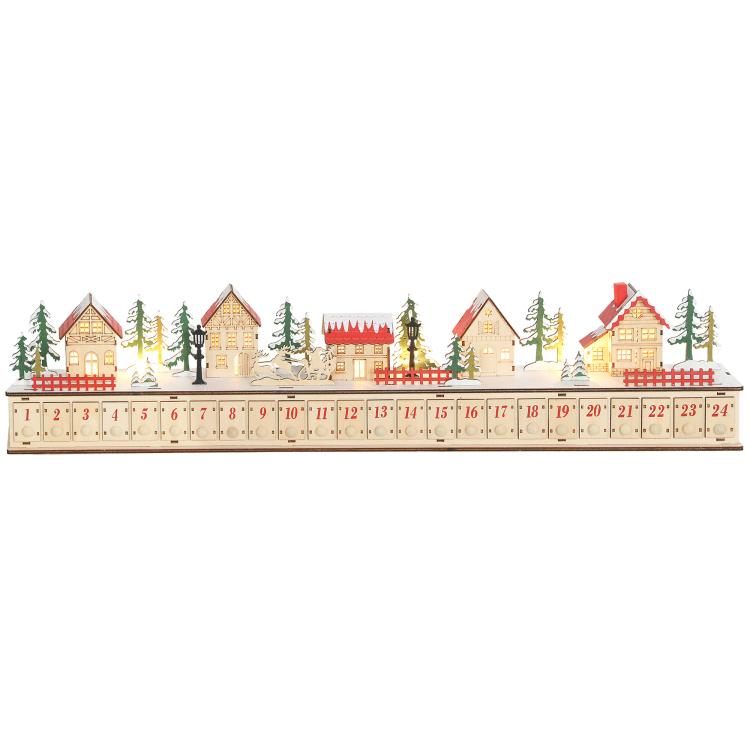 Wood-effect advent calendar with 24 numbered drawers and colorful house and tree scene