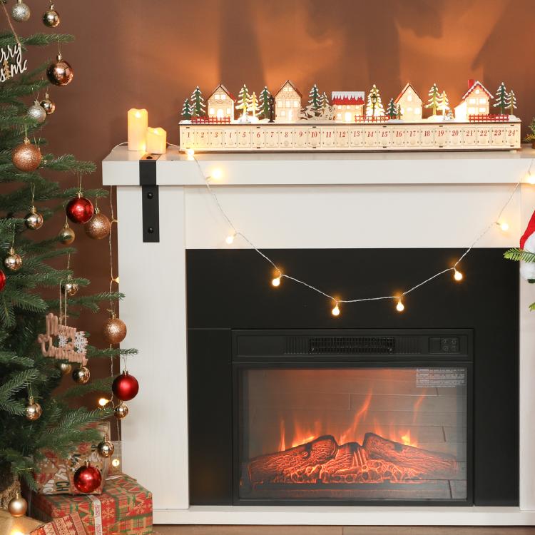 Wood-effect Christmas advent calendar on mantel with glowing LED lights across top