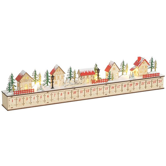 Wood-effect Christmas advent calendar with 24 numbered drawers and lit village houses