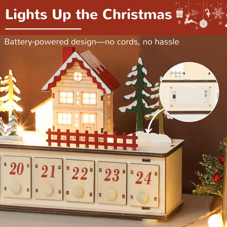 Wood-effect advent calendar corner with lit house and numbered drawers 20 to 24
