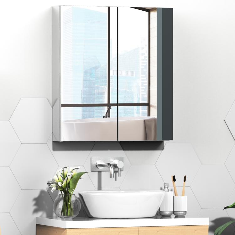 Wall-mounted mirrored medicine cabinet with two reflective doors and visible internal shelves.