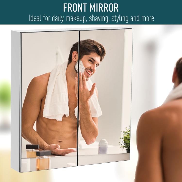 Mirrored medicine cabinet door with stainless frame and two-panel reflective finish.