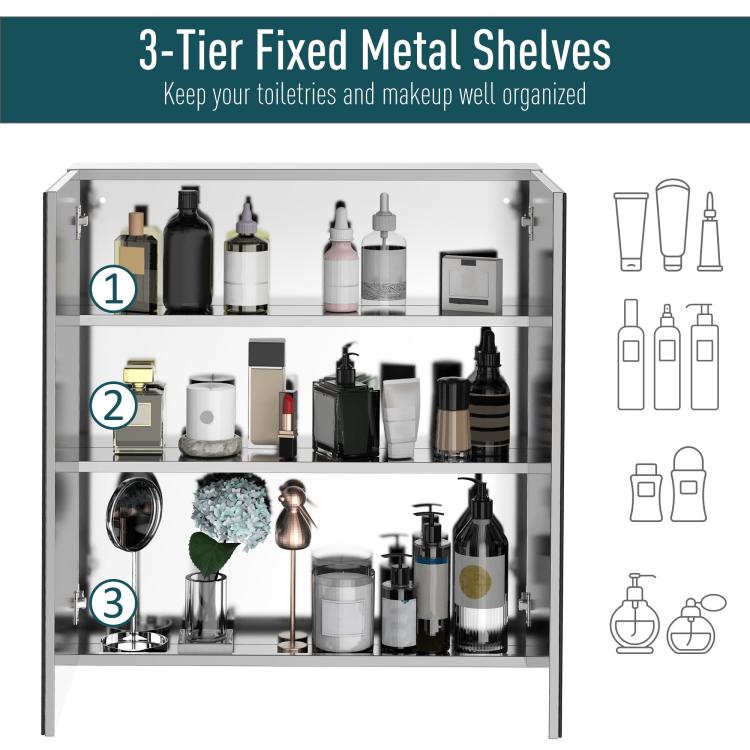 Mirrored medicine cabinet interior featuring three fixed metal shelves.