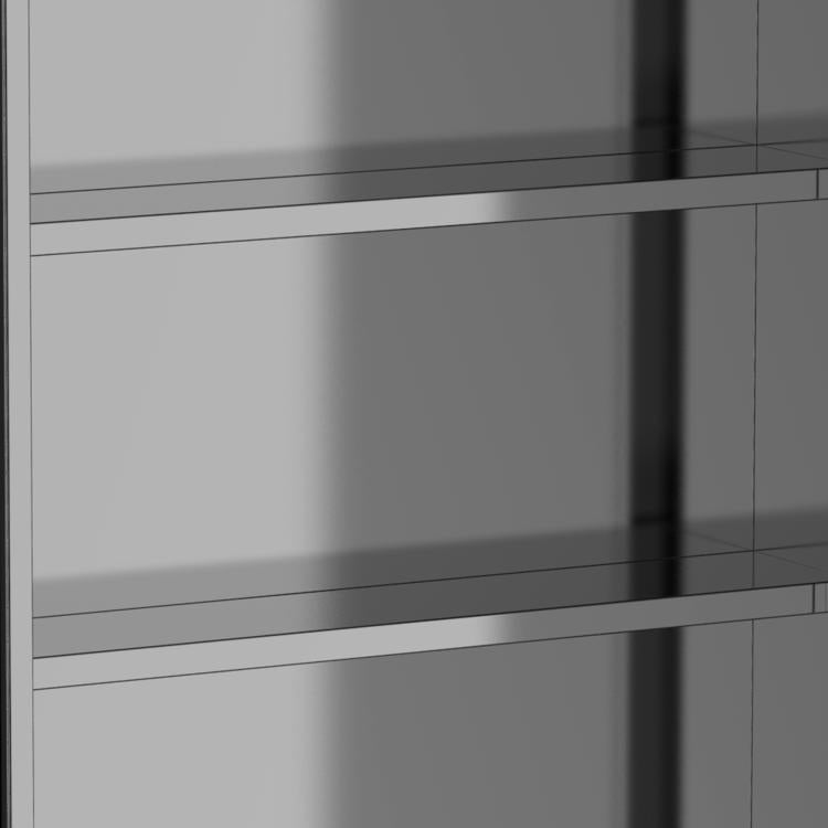Close-up of mirrored medicine cabinet doors with stainless frame and vertical seams.