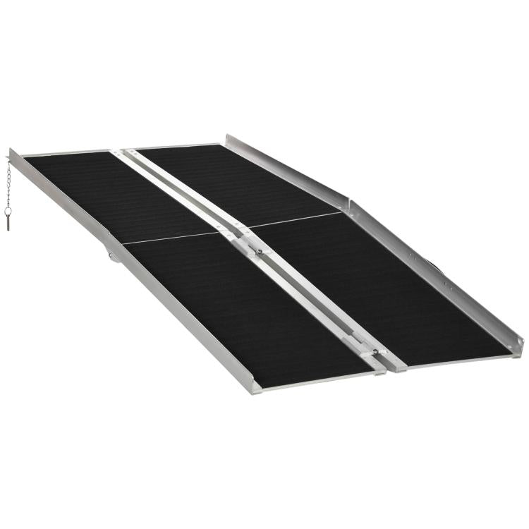 Foldable wheelchair ramp with black non-slip surface and silver side rails, 2 sections