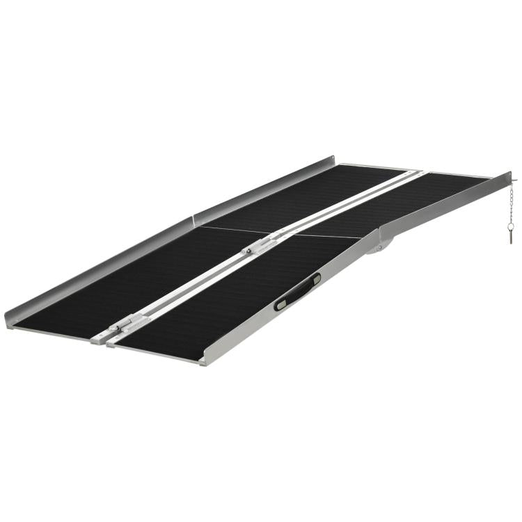 Foldable wheelchair ramp with black textured walking surface and silver hinged frame