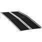 Foldable wheelchair threshold ramp with black slip-resistant tread, two hinged sections
