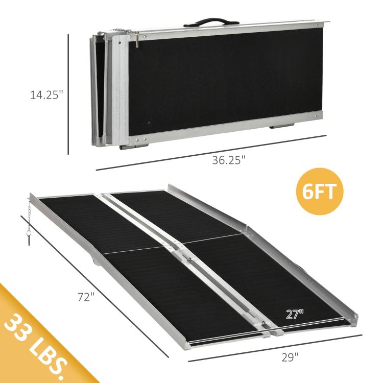 6 ft wheelchair ramp with black tread panels, silver folding frame and chain pull