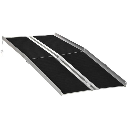 Foldable wheelchair ramp with black non-slip surface and silver side rails, 2 sections
