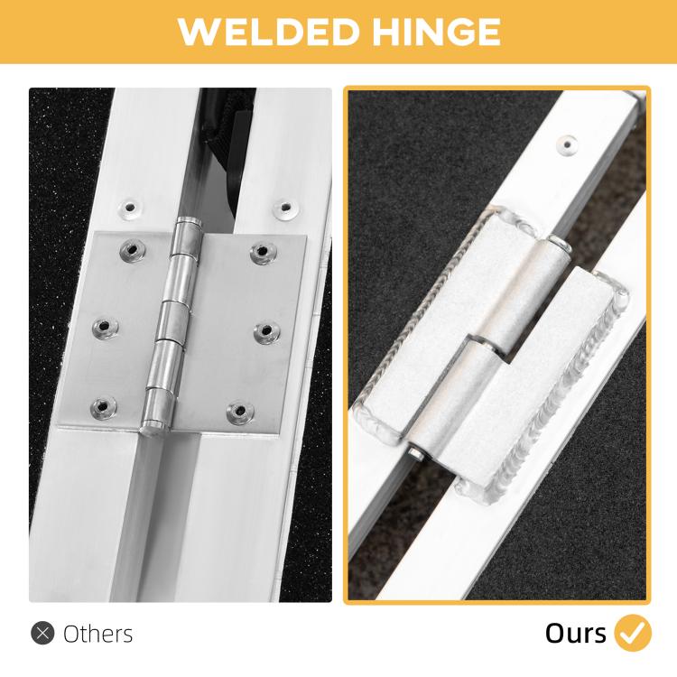 Wheelchair ramp welded hinge detail with black anti-slip deck and silver frame