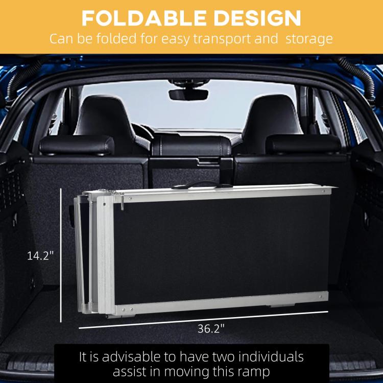 Foldable wheelchair ramp stored in car trunk with black tread panels and silver frame