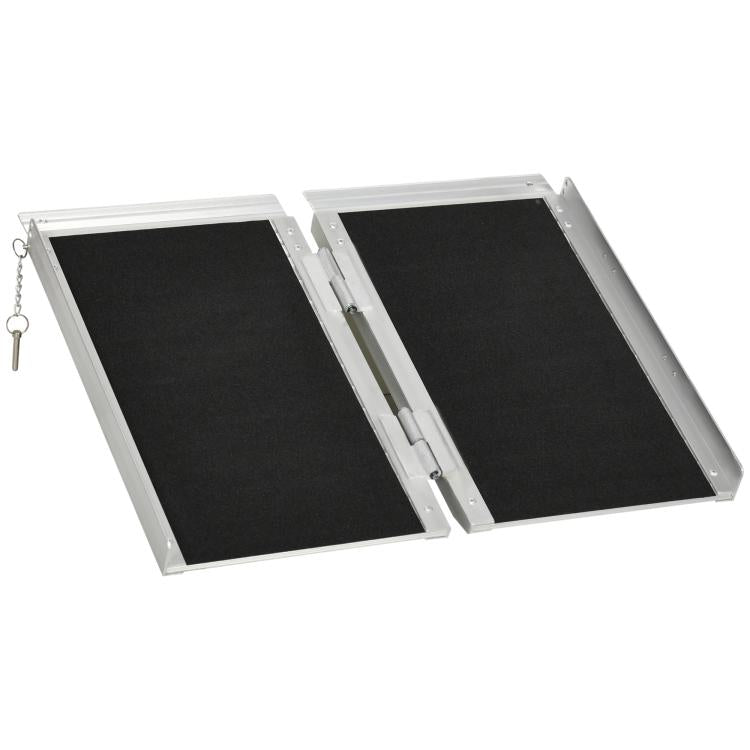 Aluminum folding wheelchair ramp with black anti-slip surface, two hinged panels