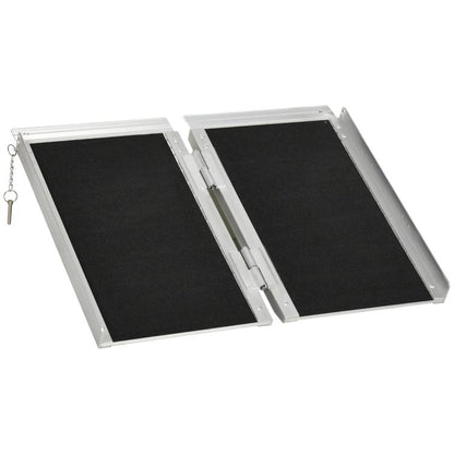 Aluminum folding wheelchair ramp with black anti-slip surface, two hinged panels