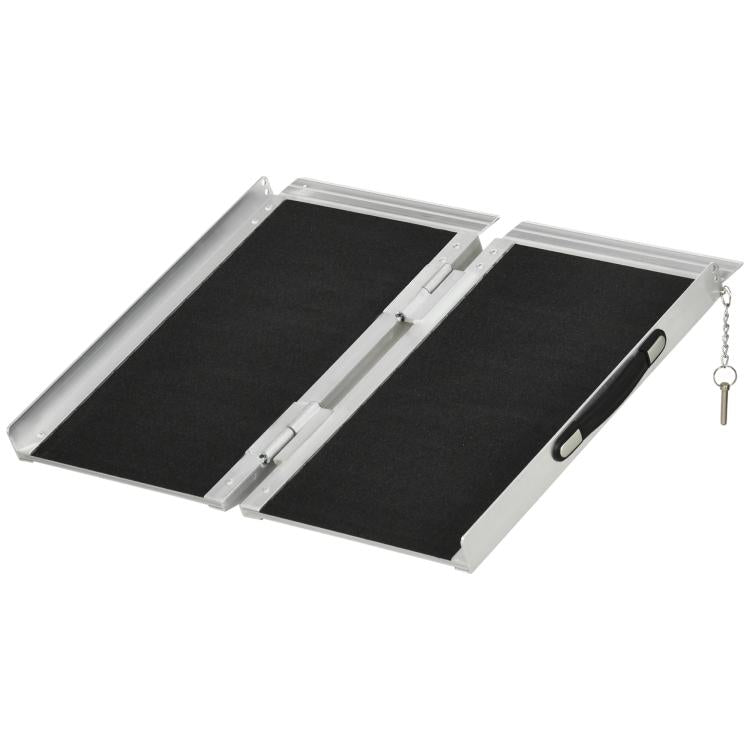 Folded aluminum wheelchair ramp with black non-slip surface and carrying chain