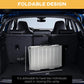 Foldable aluminum wheelchair ramp stored in a car trunk compartment