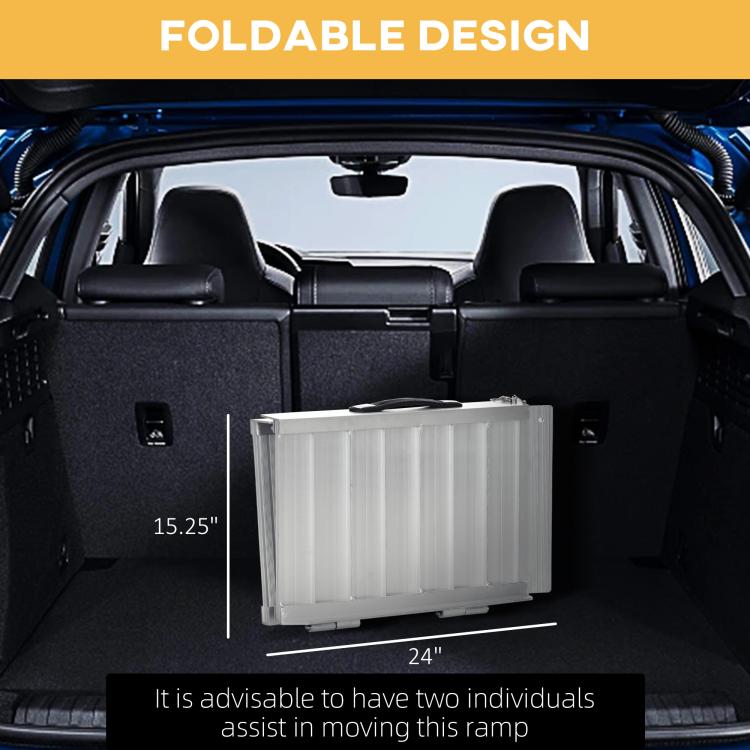 Foldable aluminum wheelchair ramp stored in a car trunk compartment