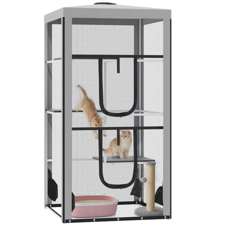 Gray steel-framed cat playpen with mesh enclosure and three elevated platforms
