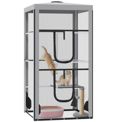 Gray steel-framed cat playpen with mesh enclosure and three elevated platforms
