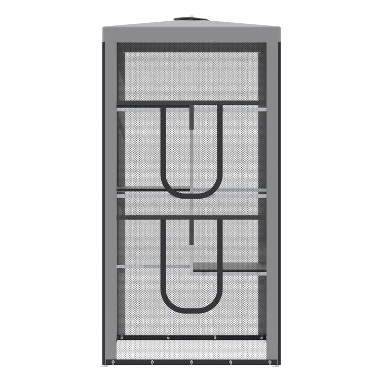 Gray cat enclosure playpen with mesh walls and two stacked curved bars