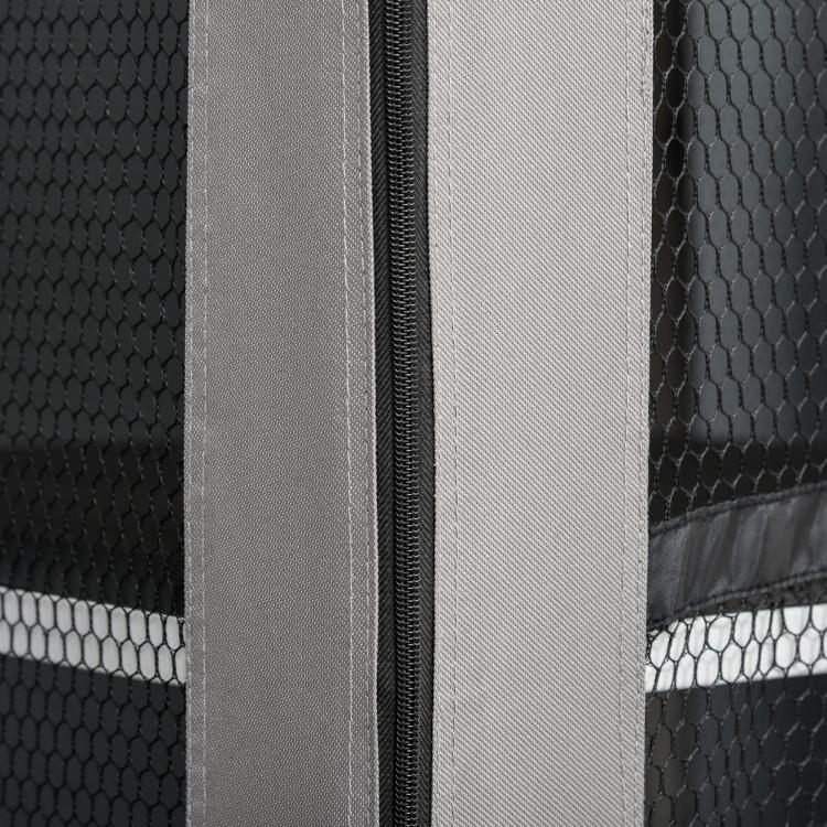 Cat playpen enclosure mesh panel with black zipper-style trim and steel frame post