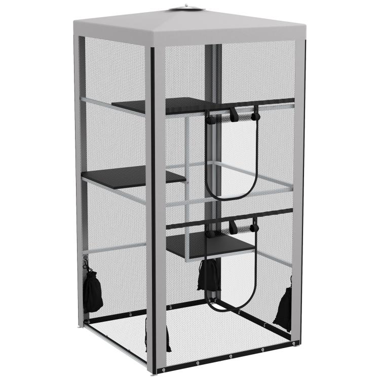 Cat playpen enclosure with steel frame, mesh sides, three platforms, and two door openings