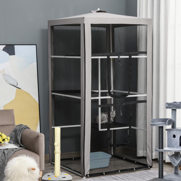 Gray mesh cat playpen with three elevated platforms and two curved front doors
