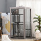 Gray cat playpen with mesh enclosure, curved platform bars, and two doors