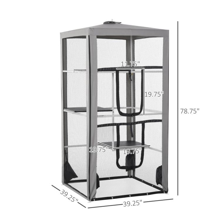 Gray mesh cat enclosure playpen with three platforms and U-shaped bars