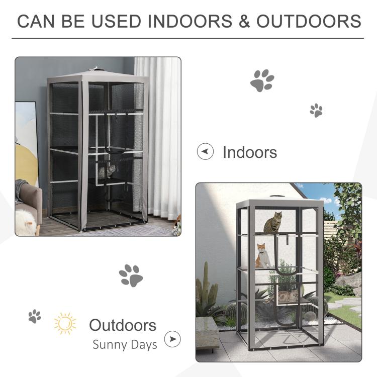 Gray mesh cat playpen with mesh door panels and curved platform bars