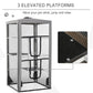 Gray mesh cat playpen with three elevated platform levels and curved bars