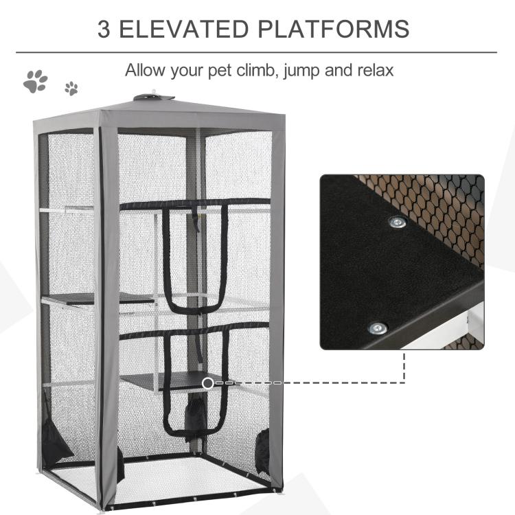 Gray mesh cat playpen with three elevated platform levels and curved bars