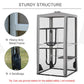 Gray metal frame cat playpen with mesh walls and sandbag anchors