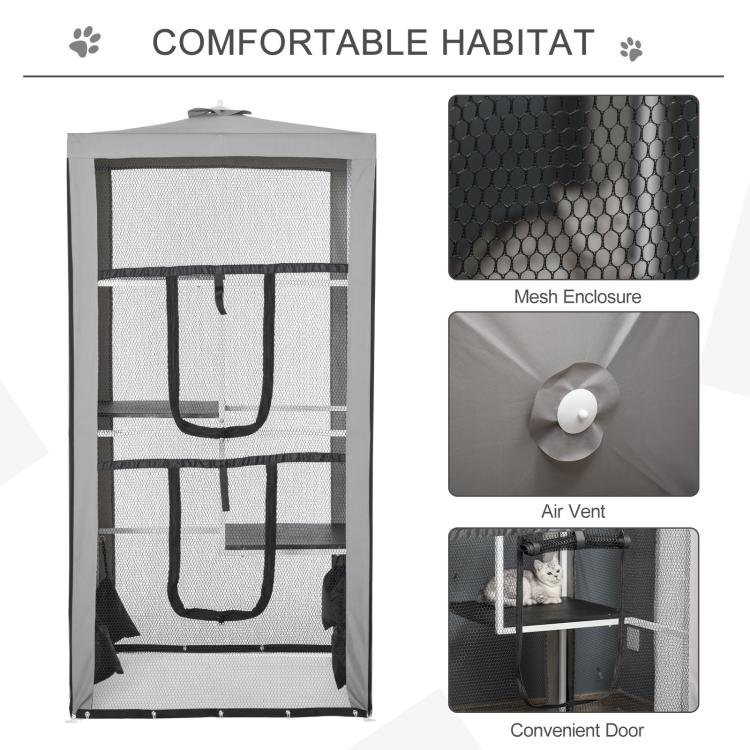 Gray mesh cat enclosure with air vent panels and convenient door access