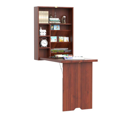 Mahogany wall-mounted fold-out desk with open shelving and built-in display compartments