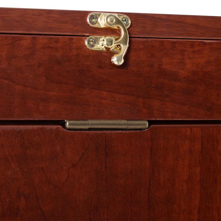 Mahogany wall-mounted fold-out desk hinge and latch detail