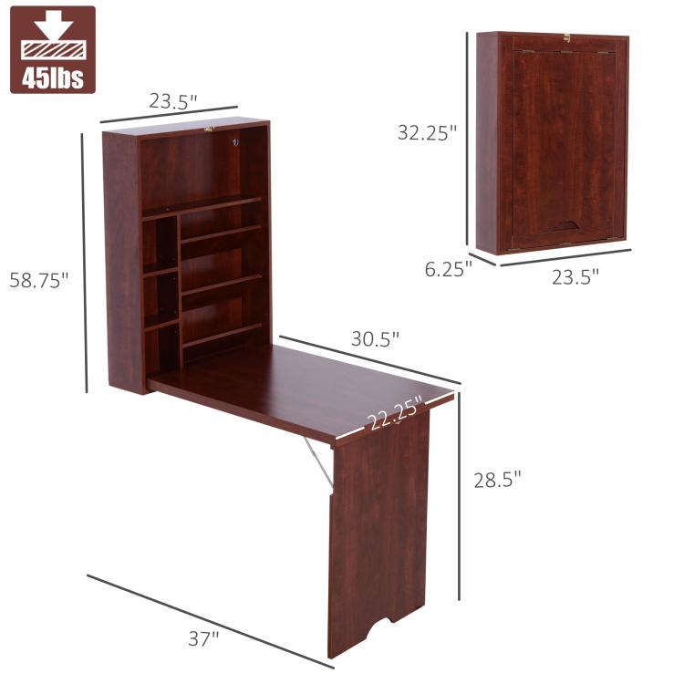 Mahogany wall desk with open shelves, fold-out tabletop, side view size diagram