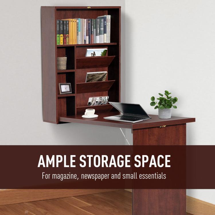 Mahogany wall desk with open cubby shelves, laptop on tabletop, book display