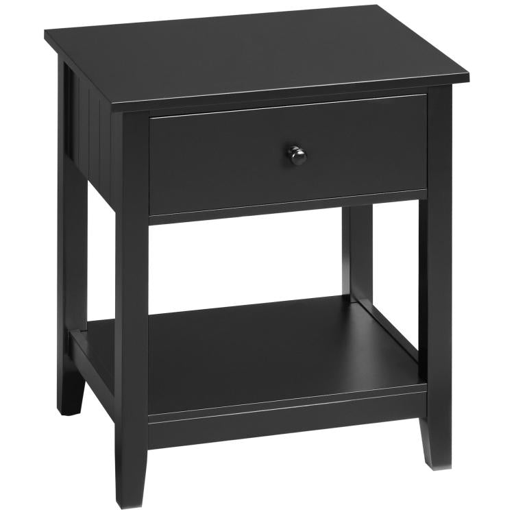 Black two-tier side table with drawer and open lower shelf, square tabletop.