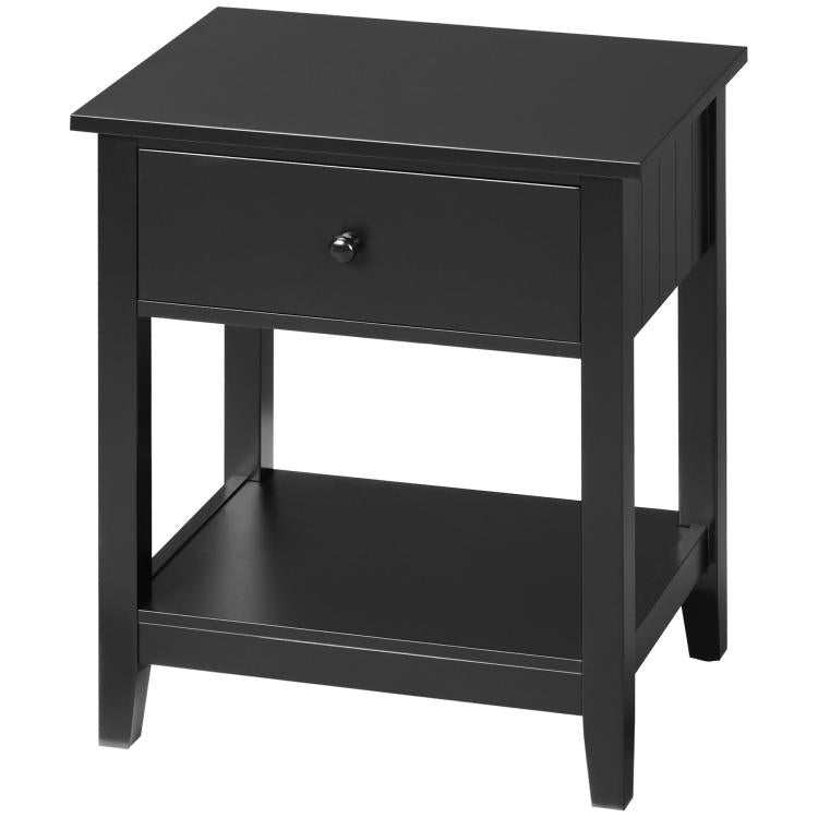 Black side table with drawer and lower shelf, squared top and tapered legs.