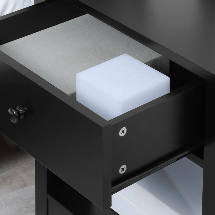 Black 2-tier side table with drawer and open shelf, top surface visible