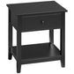 Black side table with front drawer and lower shelf, squared legs