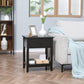 Black side table with drawer and open shelf, clean edges and sturdy legs.