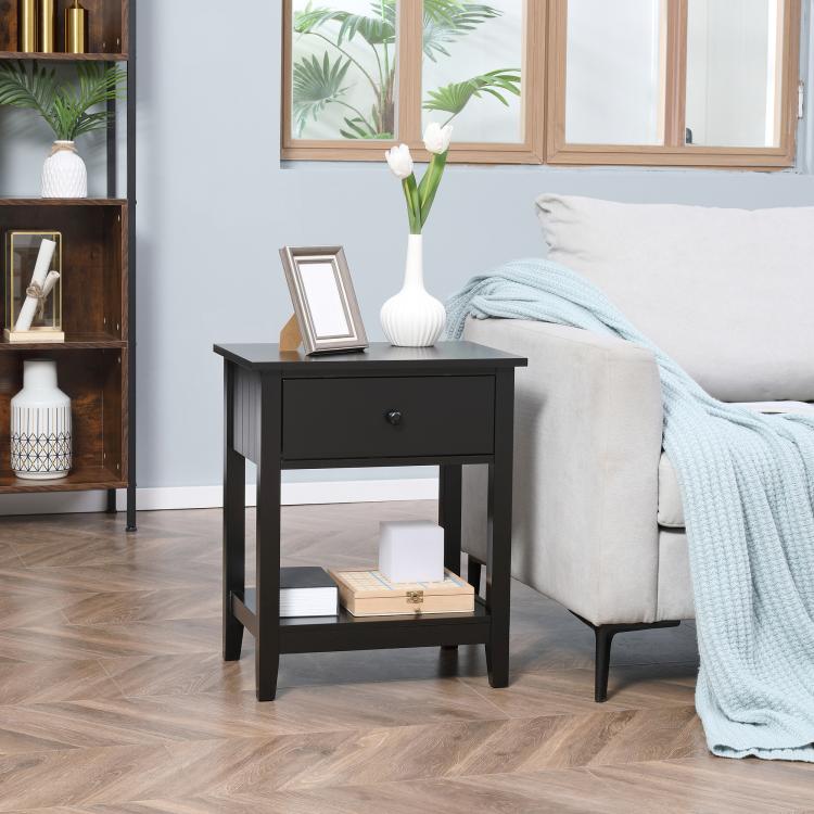 Black side table with drawer and open shelf, clean edges and sturdy legs.