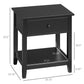 Black two-tier side table with drawer and open shelf, front 3/4 view with size marks.