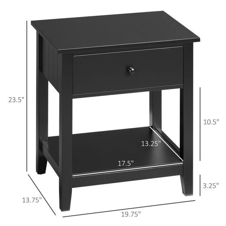 Black two-tier side table with drawer and open shelf, front 3/4 view with size marks.