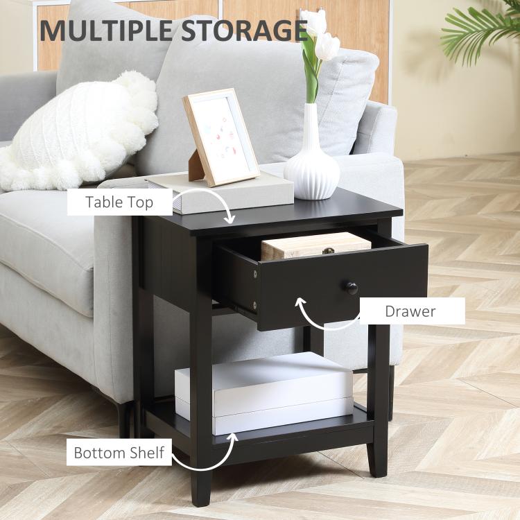 Black side table with pull-out drawer and bottom shelf, storage under tabletop.