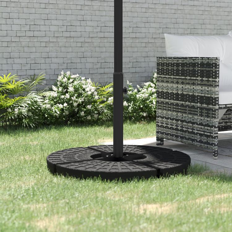 Black umbrella cross base stand on round base plate with central mounting pole