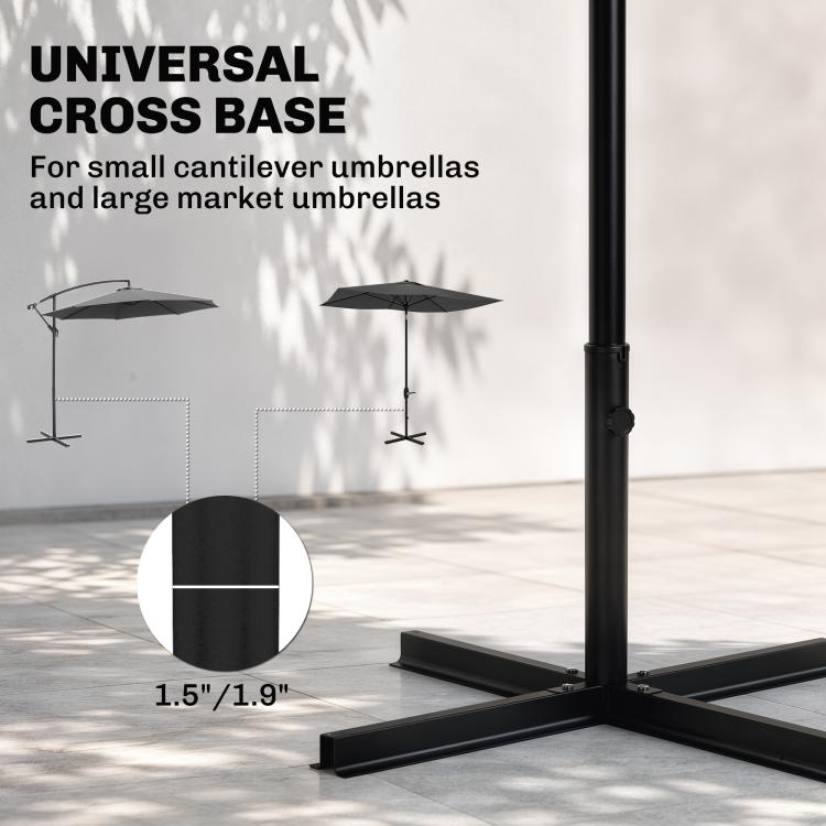 Black universal cross base umbrella stand with central pole and cross braces